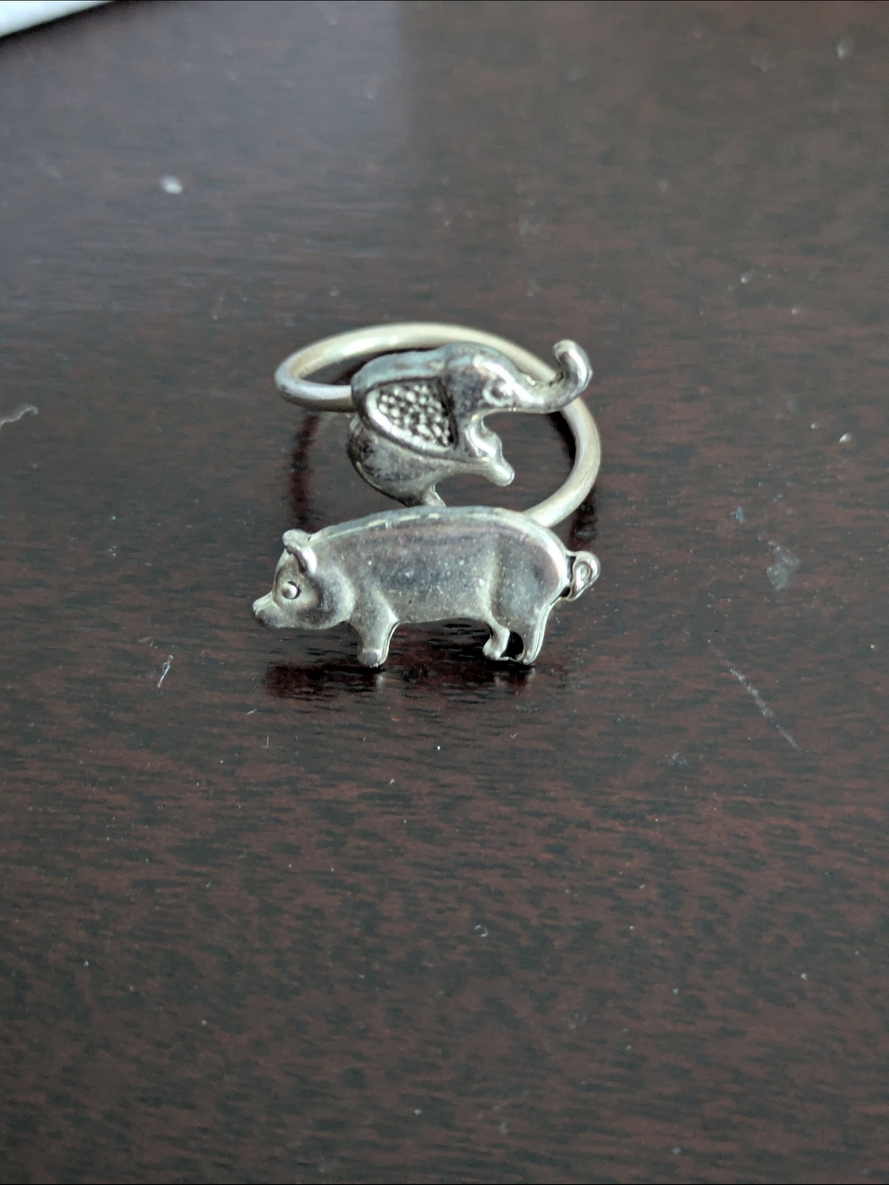 Silver Animal Handmade Ring — Pig & Elephant Motif